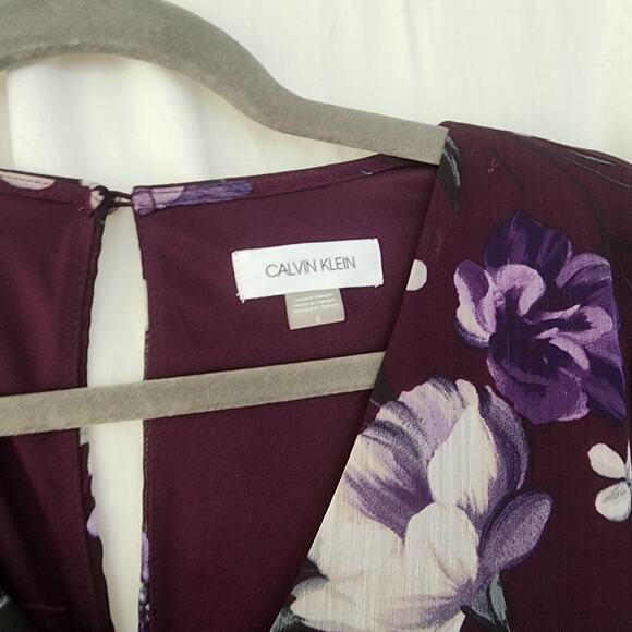 Calvin Klein Floral Print Long bell Sleeve mini Dress 6 purple romantic ruffle - Picture 4 of 11